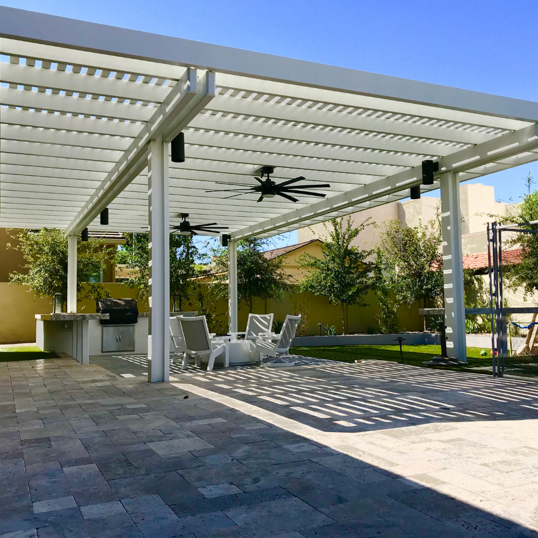 large patio cover with ceiling fan