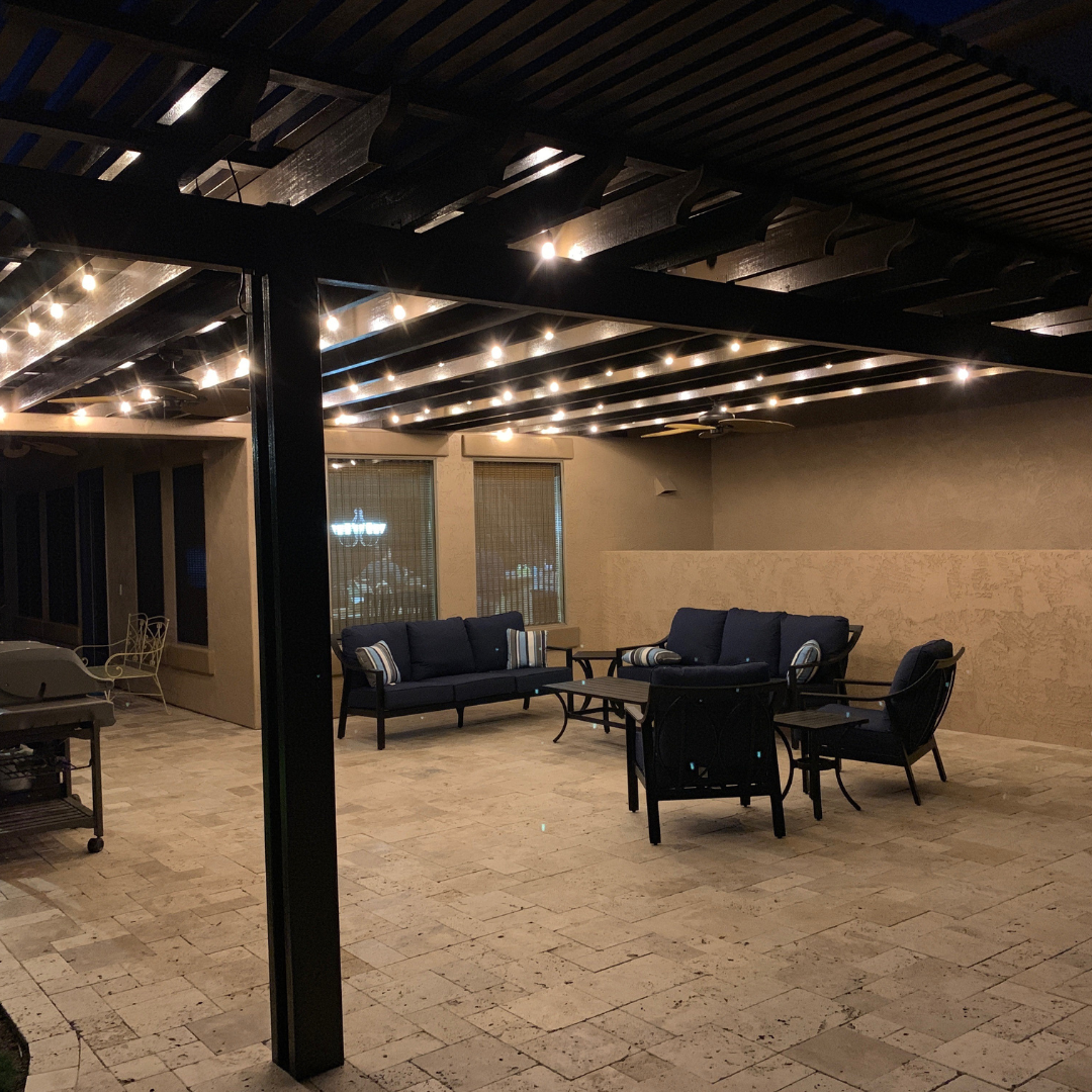 large patio cover with lights, nighttime